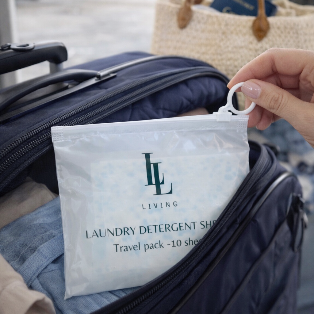 Laundry detergent sheet travel pack held over a suitcase with an airport background