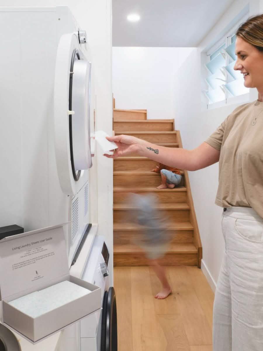 value pack of unscented detergent sheets busy mum in background