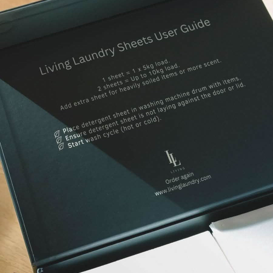 display box of scented detergent sheets with instructions on lid
