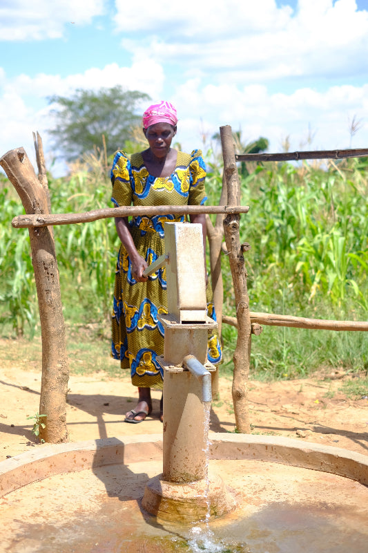 woman pumping water from well in colourful dress