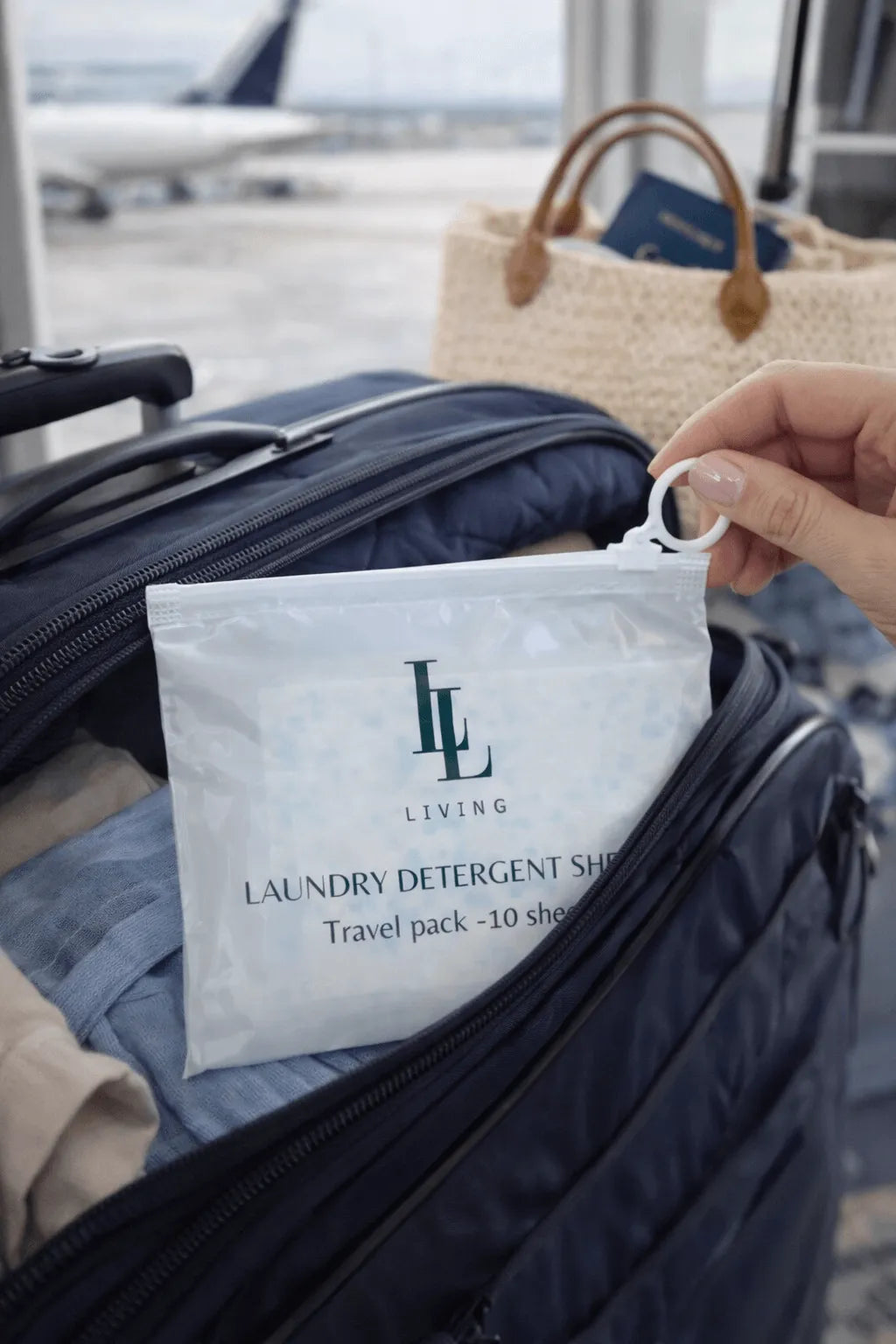 Hand holding a LL Living laundry detergent pack over a suitcase with an airplane in the background
